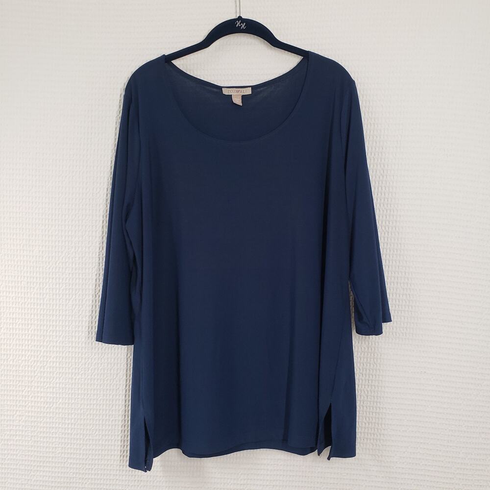 Roz & Ali Slinky Tunic Top Womens 1X Blue Office Long Sleeve Casual Round Neck